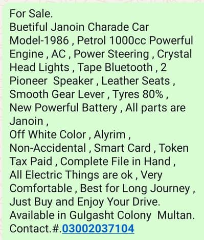 Charade car for sale , 1000cc power ful petrol engine , power steering