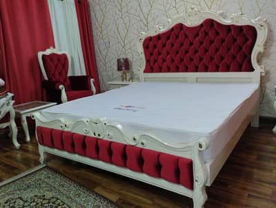 Furnished Red Velvet & Golden Themed King Size Bed With Accessories