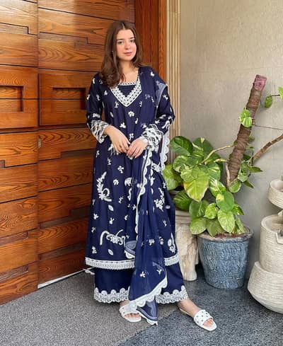 Navy Monarch - 3-Piece Lawn Cotton Embroidered Suit