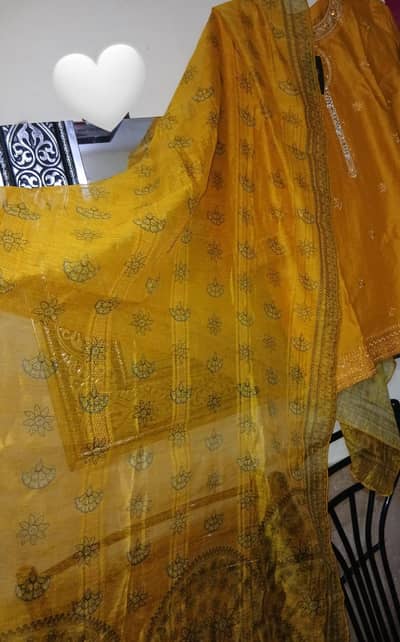 yellow camel color 3-piece embroiderd dress