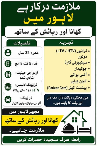 ملازمت درکار کھانا رہائش کہ ساتھ