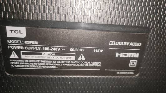 TCL 65" 4K Smart Android LED TV (65P8M) Screen Damaged For parts