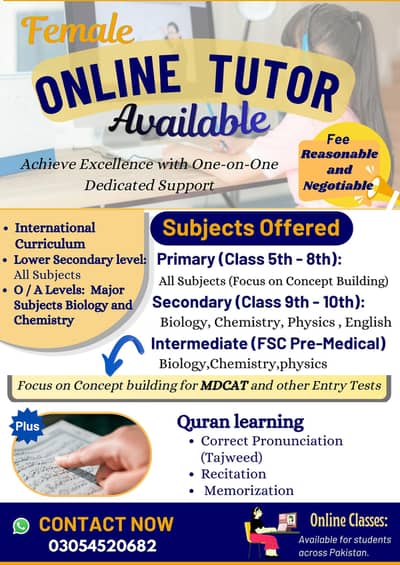 Experienced Female Online Tutor | Cambridge, O Level, Matric, FSc