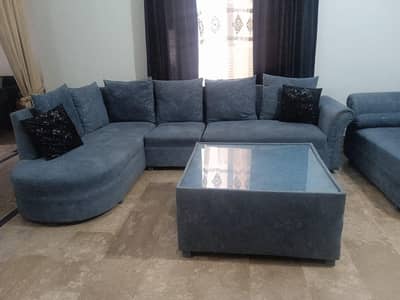 l shaped sofa and deewan  and iron stand along with curtains