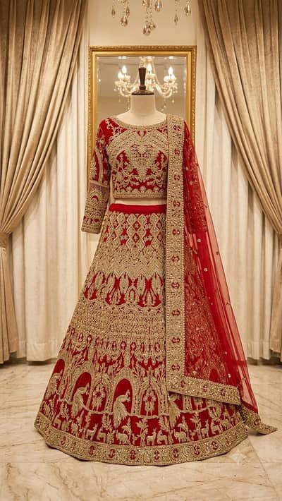 bridal lehnga, wedding dress, designer lehnga, red wedding lehnga