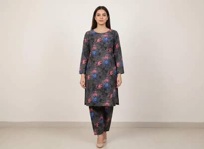 Women Unstitched Printed Suit Grey Polo Cotton 2 Pcs