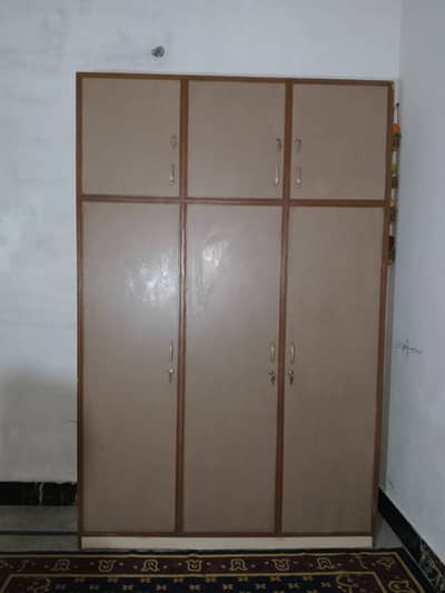 3 Door Wooden Wardrobe / Almari with Top Storage Cabinets & Locks