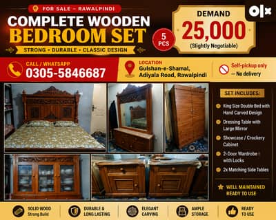 COMPLETE WOODEN BEDROOM SET | Bed, Wardrobe, Dressing & Showcase