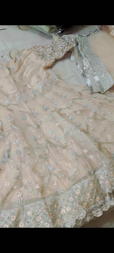 peach colour 4 piece fanchy embroidered suit vascot frok duppta trousr