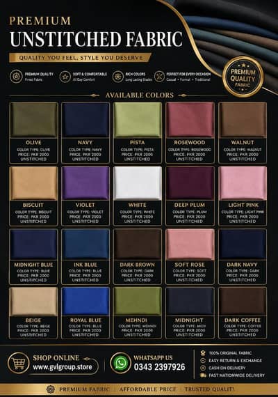 Premium Men's Unstitched Fabric – 20 Colors Available | Rs. 2,000