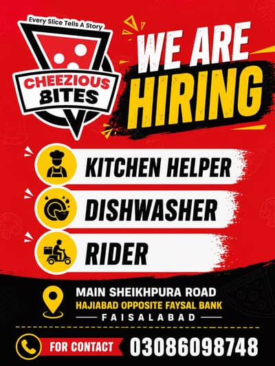 CheeziousBites Restaurant ka lea Kitchen Helper Rider Dishwasher