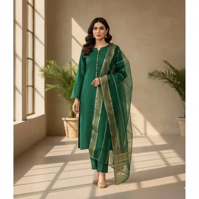 Plain Green Katan Silk 3-Piece Suit with Organza Dupatta (50% OFF - V