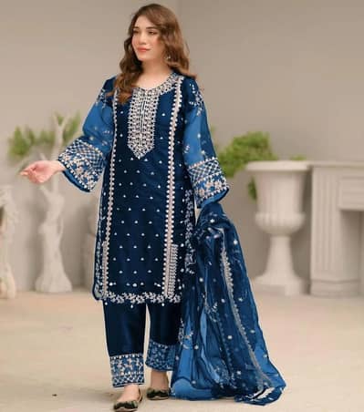 Designer Royal Blue Stitched 3-Piece Embroidery Suit