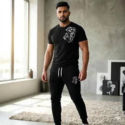 Men's 2-Pcs Printed Polyester Track Suit - Black | Round Neck