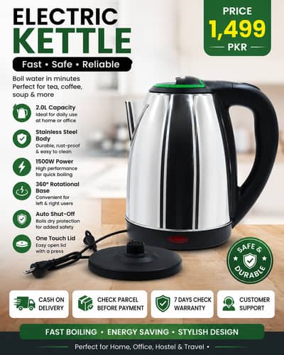 Electric Kettle 2 Litre Stainless Steel - Fast Boiling