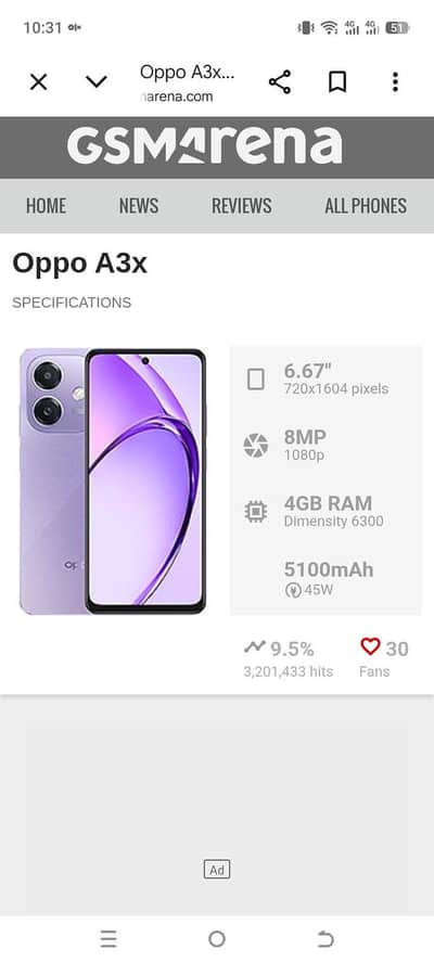 OPPO A3x.   For sale Near and clean condition