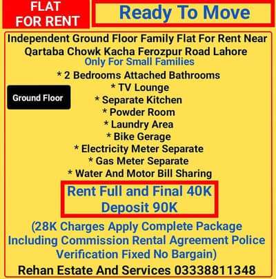 Ground Floor Family Flat For Rent Near Qartaba Chowk Lahore