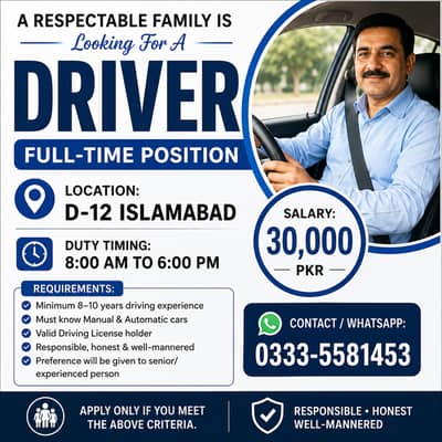 Family Driver Required in Islamabad (D-12) – Experienced Driver Needed