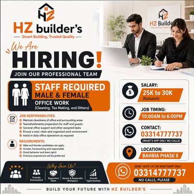 Office Staff (Male & Female) Required – Join HZ Builder's!