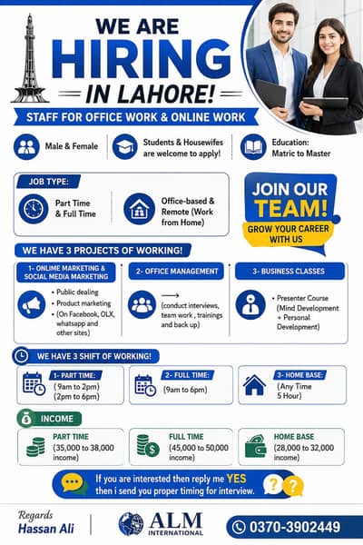 We are hiring male and female staff