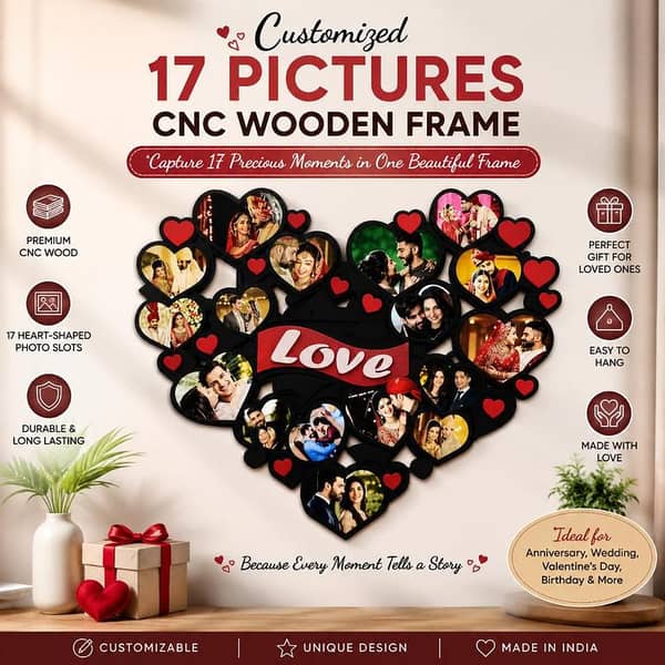Customized 17 Picture Heart-Shaped CNC Wooden Photo Frame