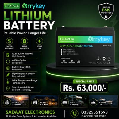 Arrykey LiFePO4 12.8V 100Ah Lithium Battery | 1280Wh | Built-in Smart