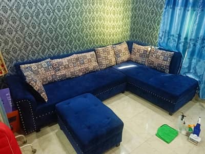 L Shaped Royal Blue Velvet Sofa 7 Seater