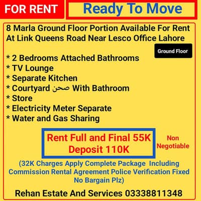 8 Marla Ground Floor For Rent At Link Queens Road Near Lesco Office
