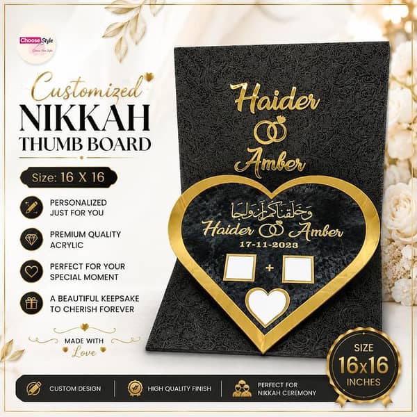 Customized Nikkah Thumb Board 16x16 – Transparent Acrylic Heart Wedding Keepsake