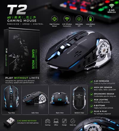 T2 Wireless Gaming Mouse - RGB 2.4GHz Rechargeable