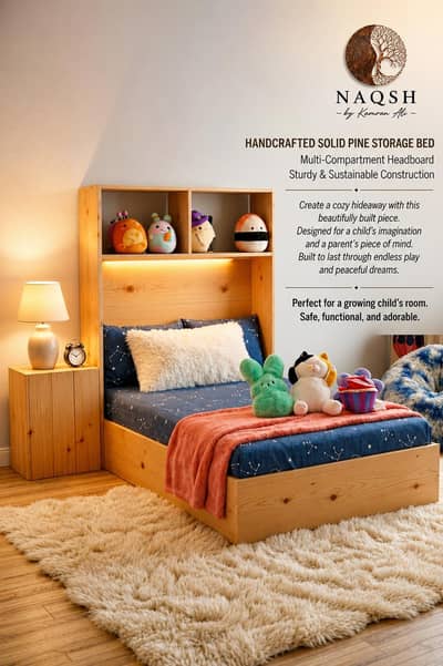 Premium Solid Wood Kids Single Bed with Storage Shelves