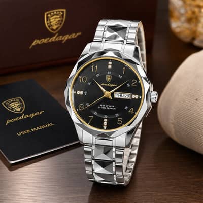 Poedagar Luxury Men's Stainless Steel Quartz Watch | Day & Date