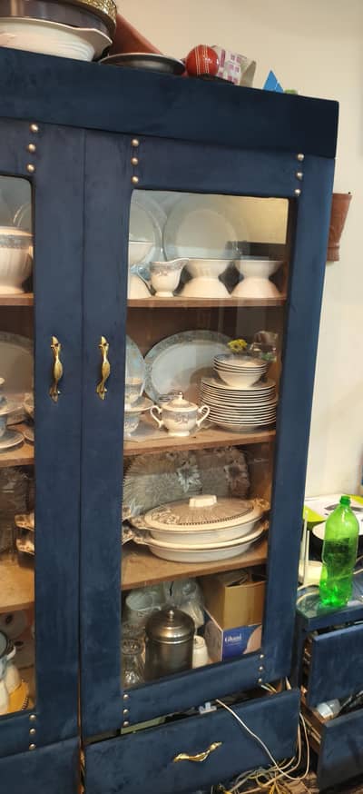 Stylish Blue Velvet Crockery Showcase / Cabinet