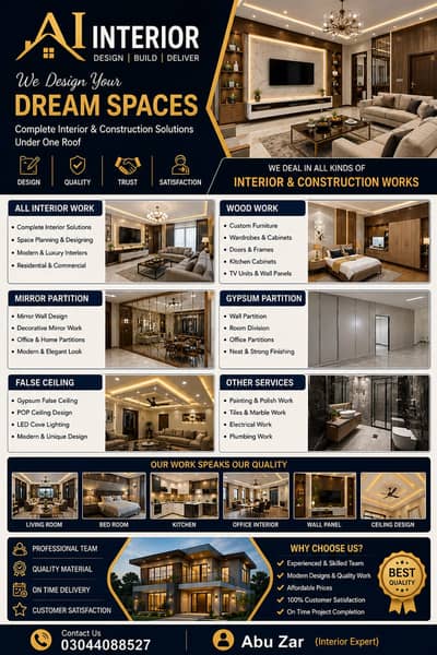 Gypsum partition-Glass work-Kitchen cabinet-False Ceiling-Interior wor