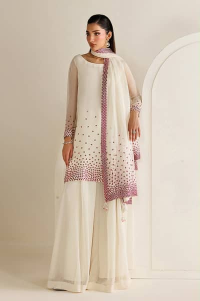 Luxury Chiffon Embroidered 3 Piece Suit | Sequins Work | Silk Trouser