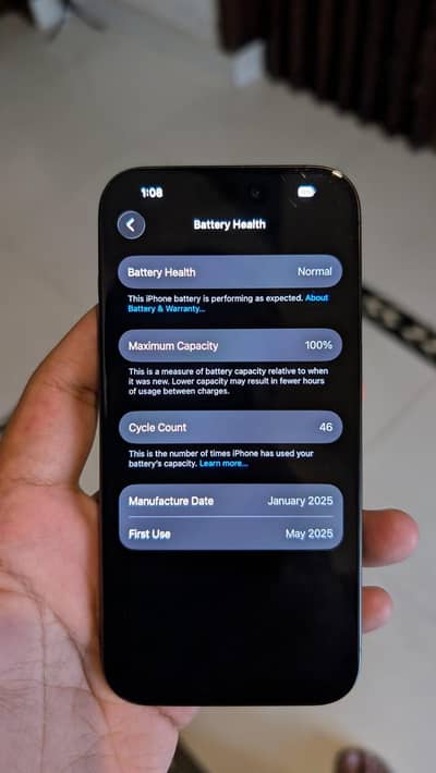 iPhone 15 Pro sim Locked 100% health 46 cycles