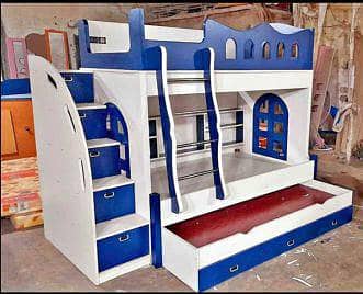 Blue & White Kids Triple Bunk Bed with Storage