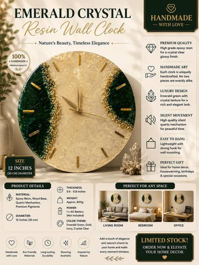 Emerald Crystal Handmade Luxury Wall Clock | 12 Inch Premium Decor