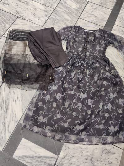 Charcoal Black Floral Printed shinny Organza long Frock 3-Piece Suit