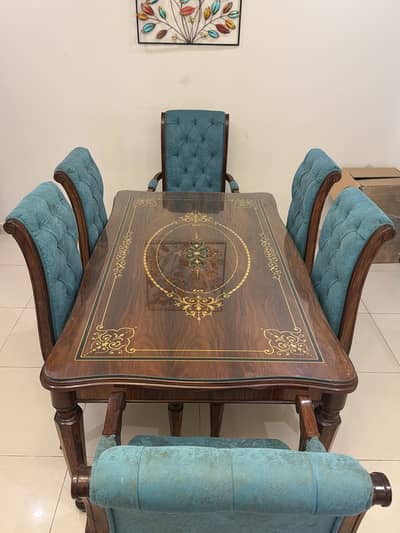 6-Seater Wooden Dining Table Set with Glass Top