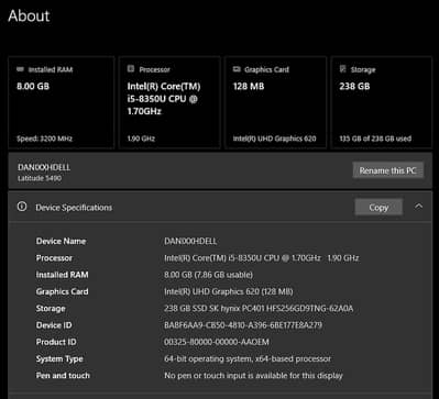 DELL LATITUDE 5490 I5.8TH GEN. .   8/256 GB