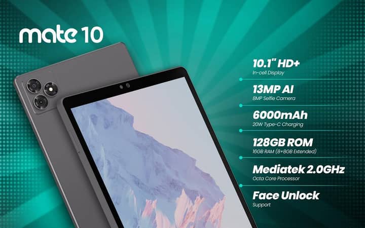 SEGO Mate 10 Tablet | 10.1" HD+ Display | Octa-Core Processor | 13MP Rear Camera | 8MP Front Camera | 6000mAh Battery | Type-C Charging | 128GB Storage | 16GB RAM (8GB + 8GB Extended) | Android 15 | Wi-Fi + 4G LTE