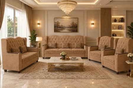 Luxury Beige 7-Seater Sofa Set | Premium Fabric Sofa | Modern Sofa Set