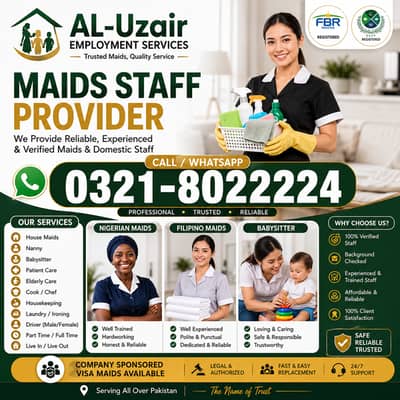 Maid, House Maids, cook, chef, Baby Sitter, Filipino maids Available