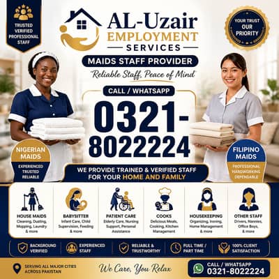 Maids / House Maids / cook / House chef / Baby Sitter maid available