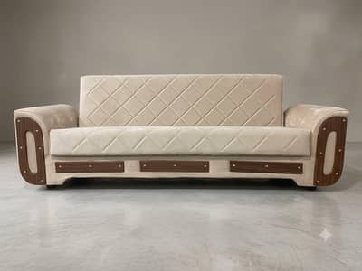 Luxury Cream Velvet Sofa Bed - Wooden Accent Arms & Diamond Quilting
