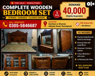 USED COMPLETE WOODEN BEDROOM SET | Bed, Wardrobe, Dressing & Showcase