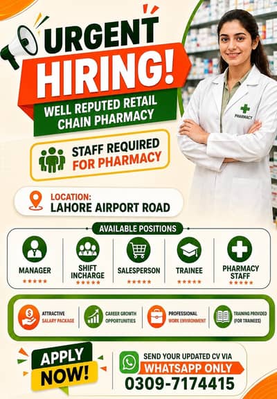 Urgent Hiring Staff For Chain Pharmacy in Lahore