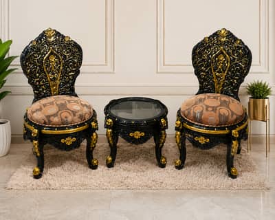 Sheesham Chair Set with Center Table | Black & Gold