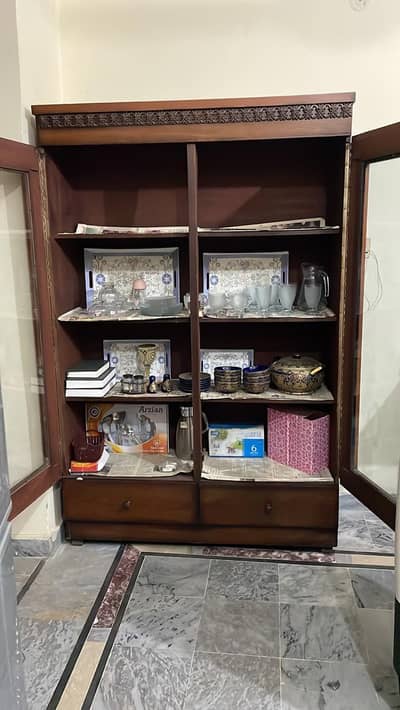 Solid wooden Glass Showcase Crockery Cabinet 2 Door 2 Drawer